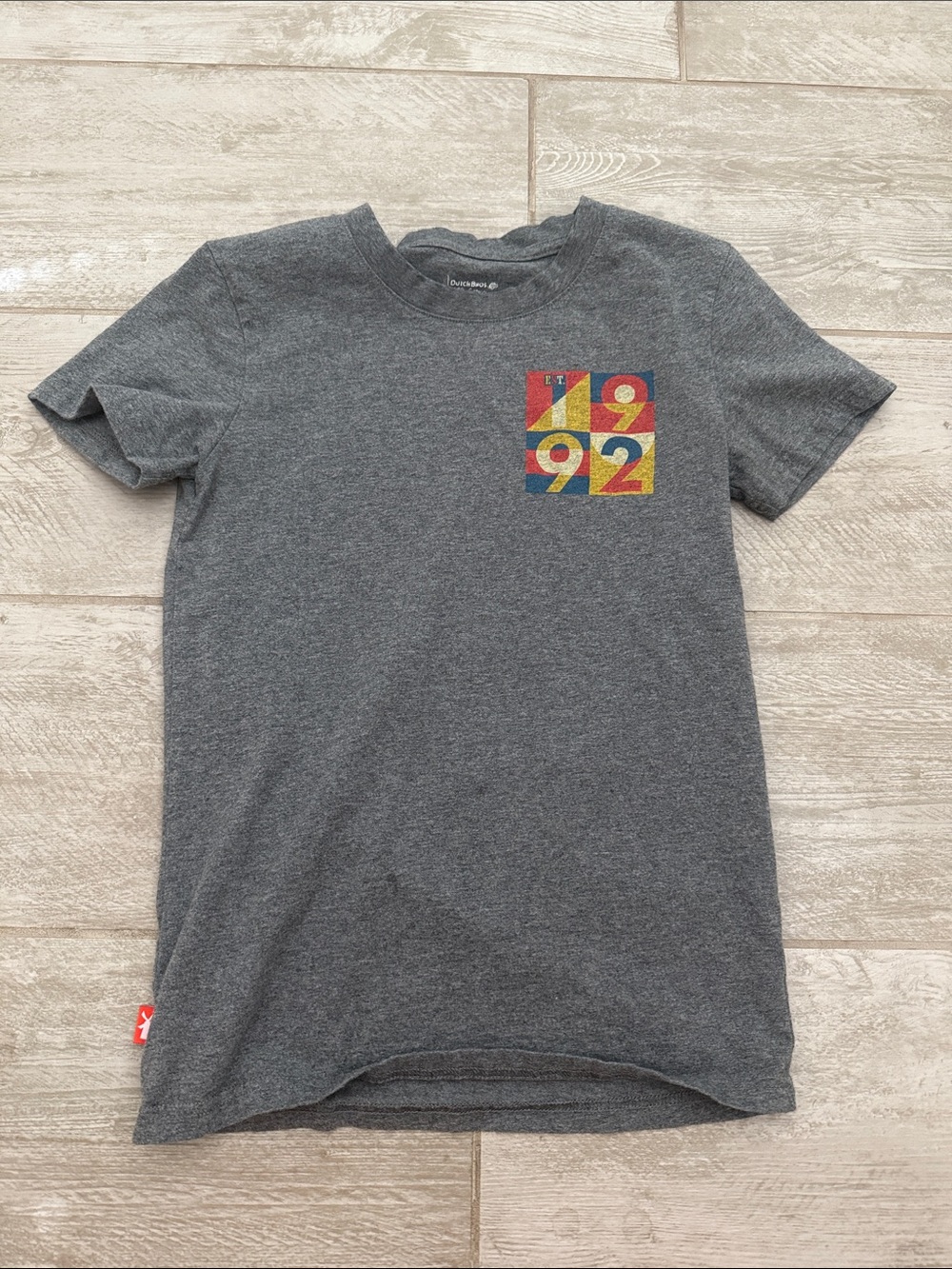 Dutch Bros Heather Gray Graphic Tee with Color Block 1992 Design